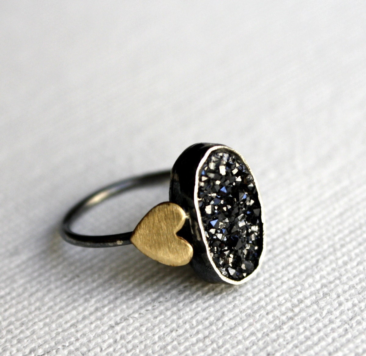 Oval Black Drusy ring with Brass Hearts- Handmade in Sterling Silver