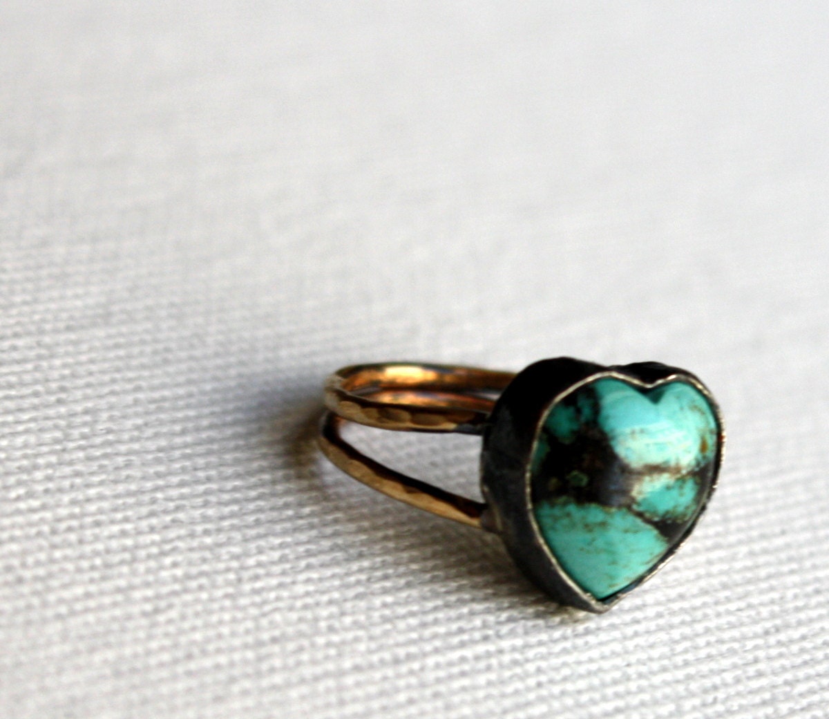 Handmade Turquoise Heart Ring in Sterling Silver on Gold Fill Band