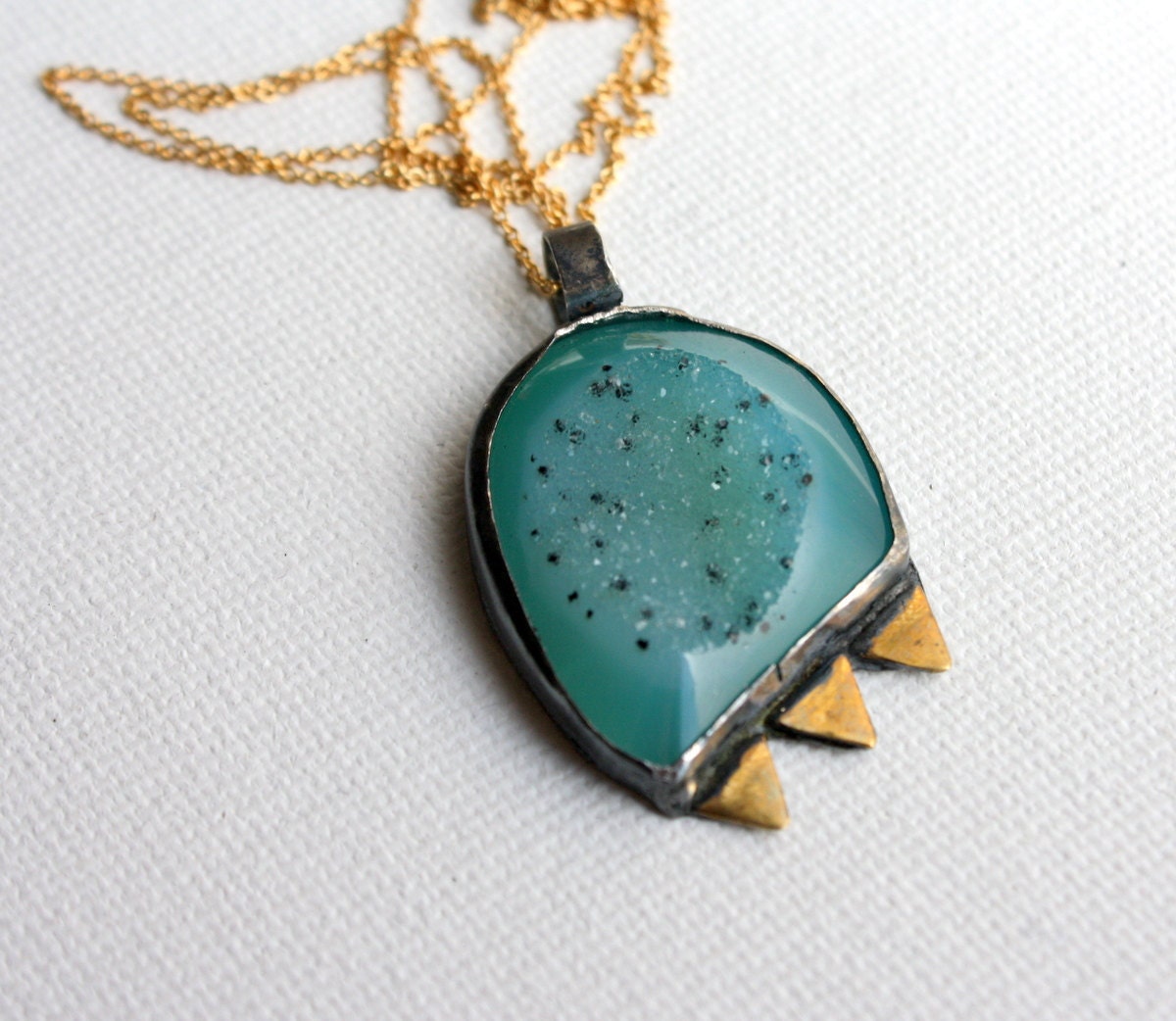 Speckled Teal Drusy Pendant with Spikes - Handmade and One of a Kind