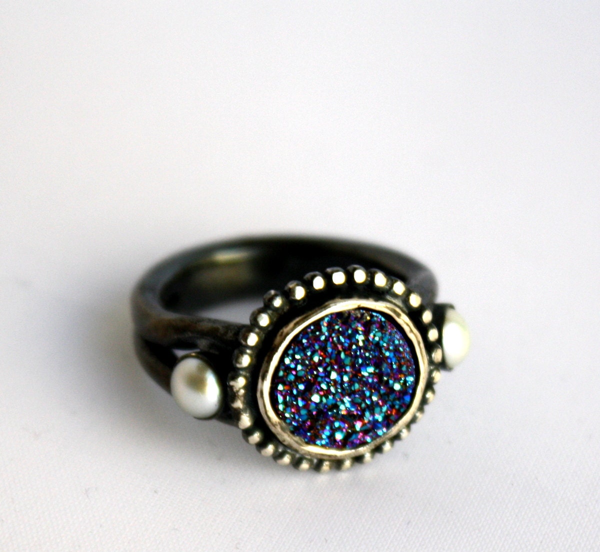 Drusy Deluxe - Luxury Sterling Silver Ring with Blue Drusy and Pearls