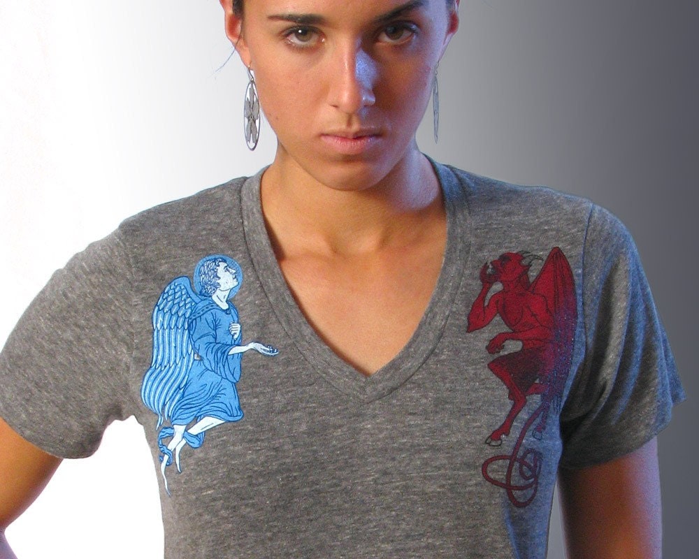 Shoulder Angel and Devil Organic Plus Size Womens T-shirt - XS S M L XL 2XL 3XL