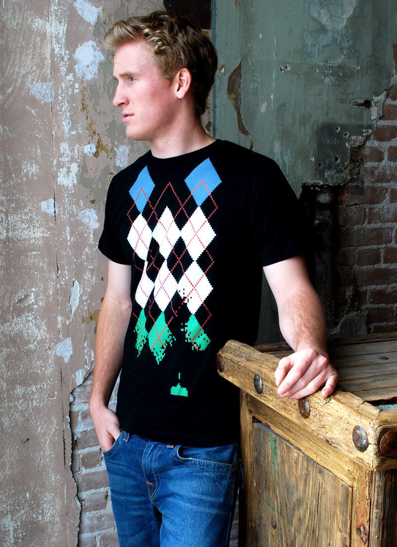 Space Invaders Argyle Shirt on black- Men's Argyle Tshirt S M L XL 2X 3X