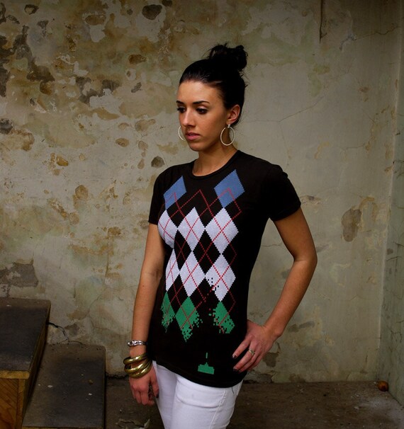 Space Invaders Argyle Annihilation Women's Tshirt on black- Women's Tee Shirt S M L XL