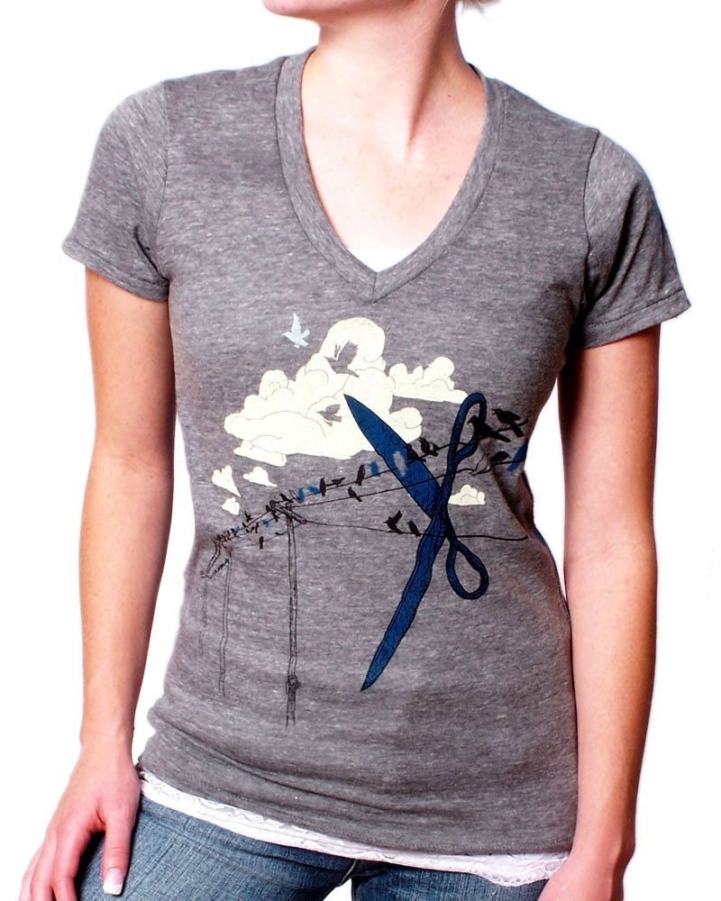 SNIP V-neck Tshirt on Heathered Gray - Women's Scissors Tee Shirt  XS S M L XL 2X 3X