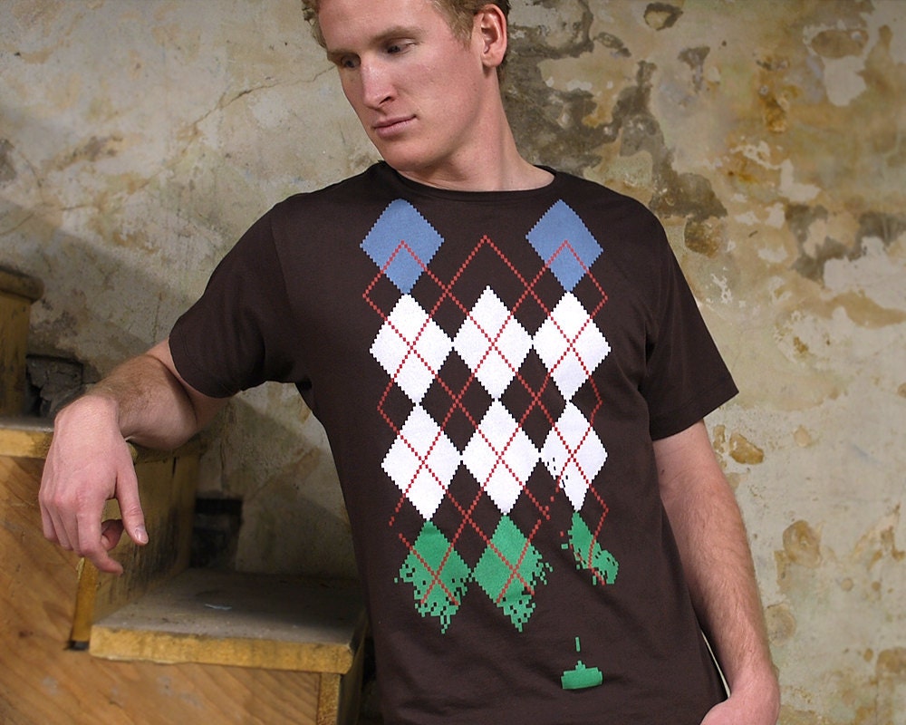 Space Invaders Argyle Tshirt on brown- Men's Argyle Shirt S M L XL 2X 3X