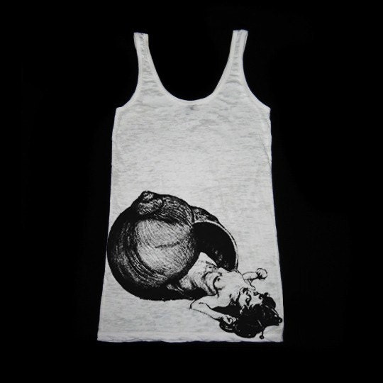 Wmns Burn Out Tank Top in White feat. l'Coquille print in Black