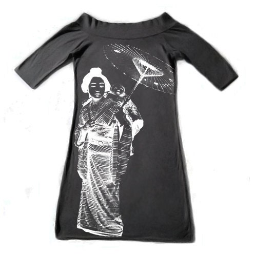 Wmns Modal-Cotton Boat Neck Dress in Asphalt feat. JAPAN 1903 print in White