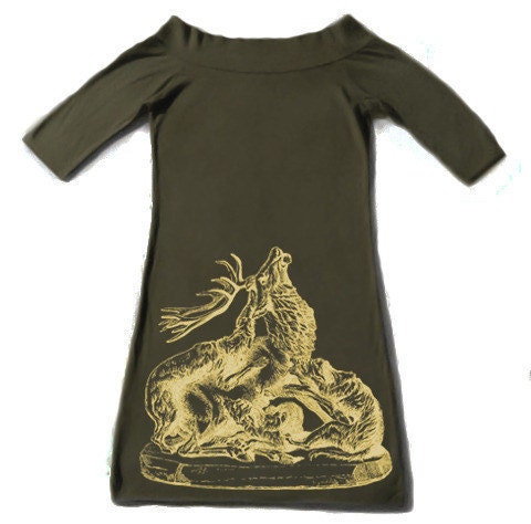 Wmns Modal-Cotton Boat Neck Dress feat. Stag print - Available in 2 Colors