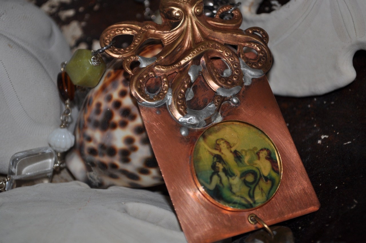 Handmade soldered mermaid pendant ammonite repurposed copper vintage necklace