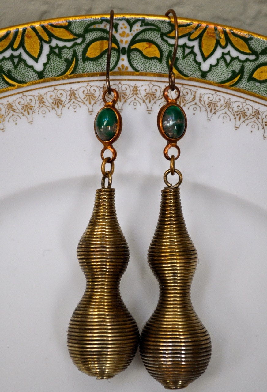 SALE--Large spiral brass repurposed vintage green earrings