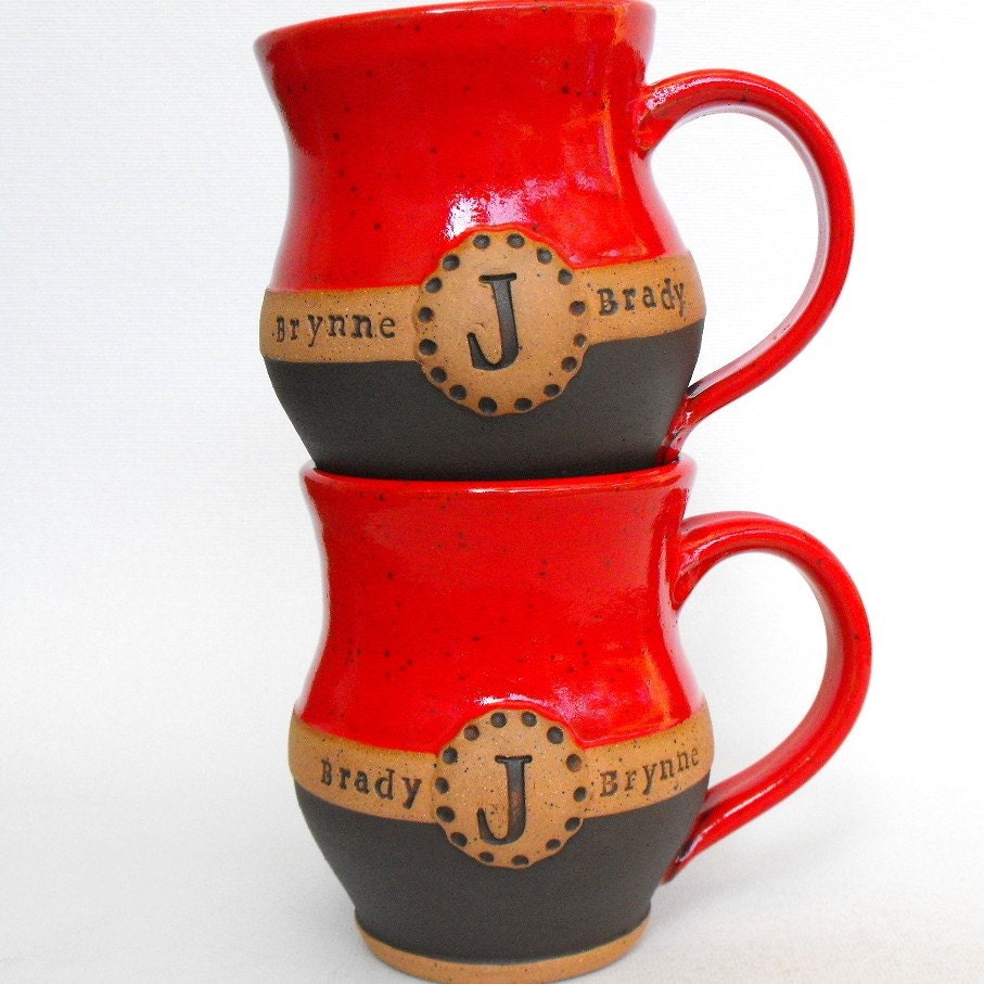 2 Piece Custom Name Mug (TM) Set, Commemorative Wedding or Anniversary Gift, Scratch Made Pottery by Mud Pie Studio