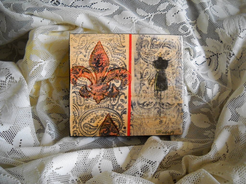 fleur de lis over paisley dress form collage