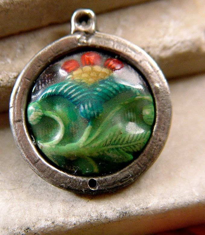 RESERVED for DINO - Red Flower Crewel Floral Optical Lens Reproduction Pendant Domed Round Hand Cast Pewter Bezel