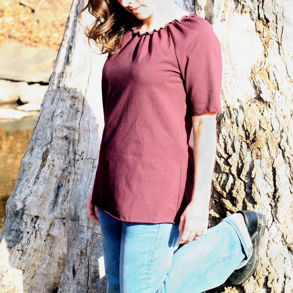 Shirring and Lettuce-Edge Neck Top, organic cotton jersey, ready to ship, Small, OOAK