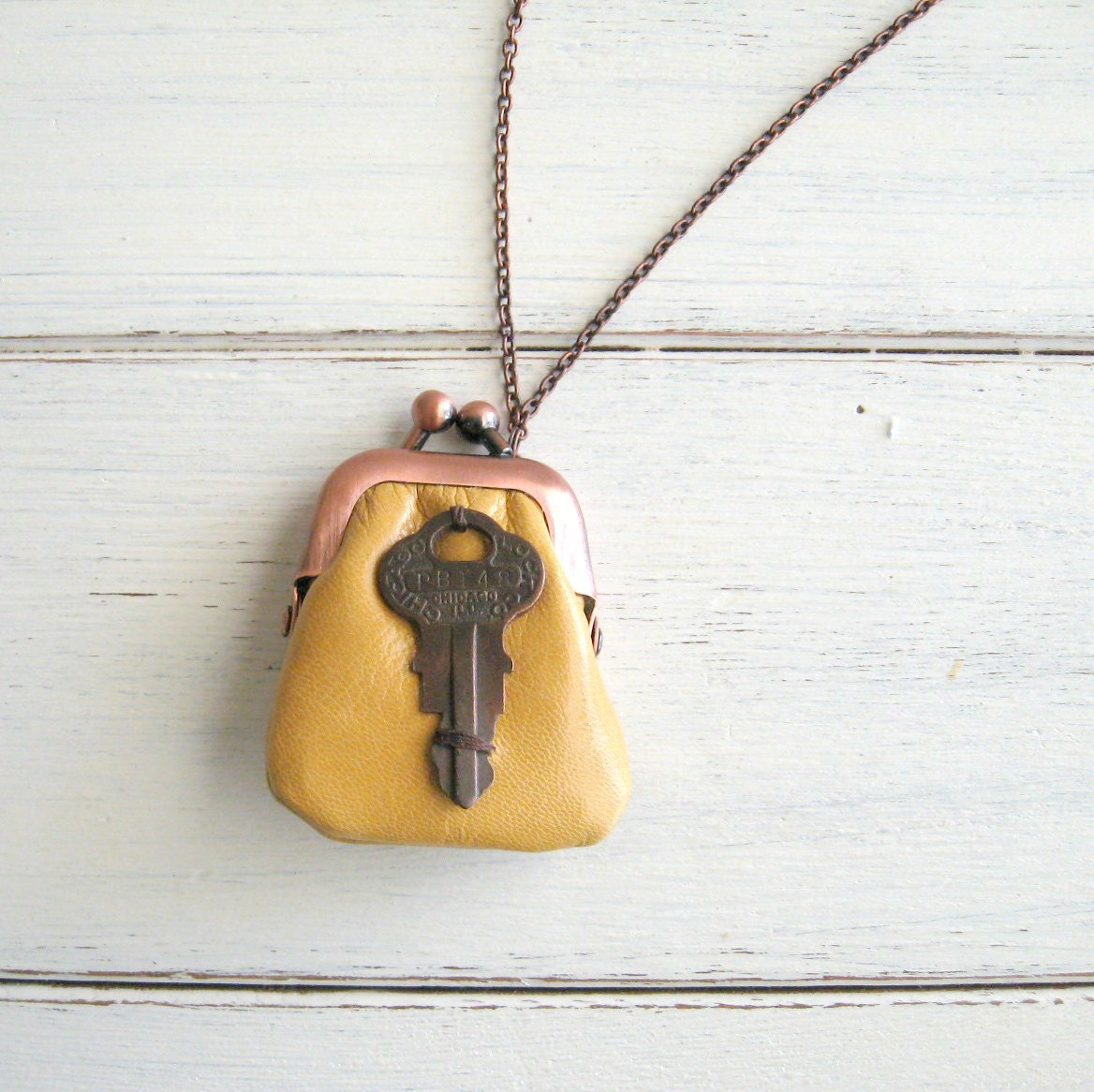 vintage key locket necklace - yellow mustard