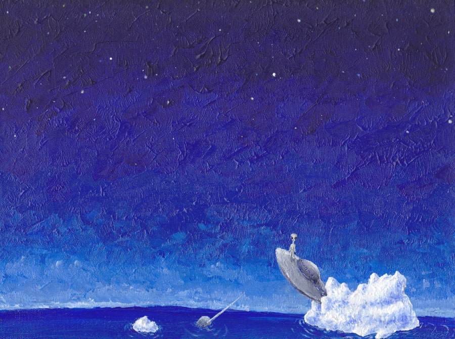 Shipwrecked ALIEN glows on ice berg with narwhal 8x11