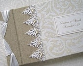 Wedding Guest Book in White and Ivory Flocked Vintage Design with Beaded White Lace - Personalized