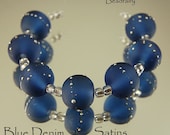 Blue Denim Satins, 7 handmade spheres glass beads, sea glass, blue jeans, denim blue with fine silver wire by Beadfairy Lampwork, SRA