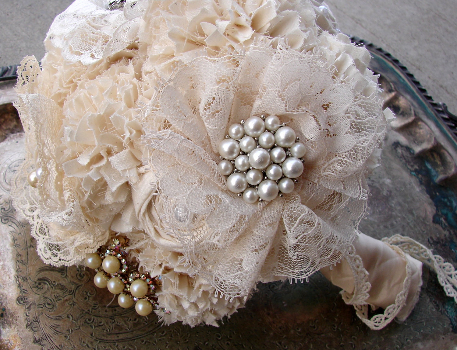 Brooch Bridal Bouquet, Jewelry bouquet, Fabric Flower Bouquet - Vintage Wedding
