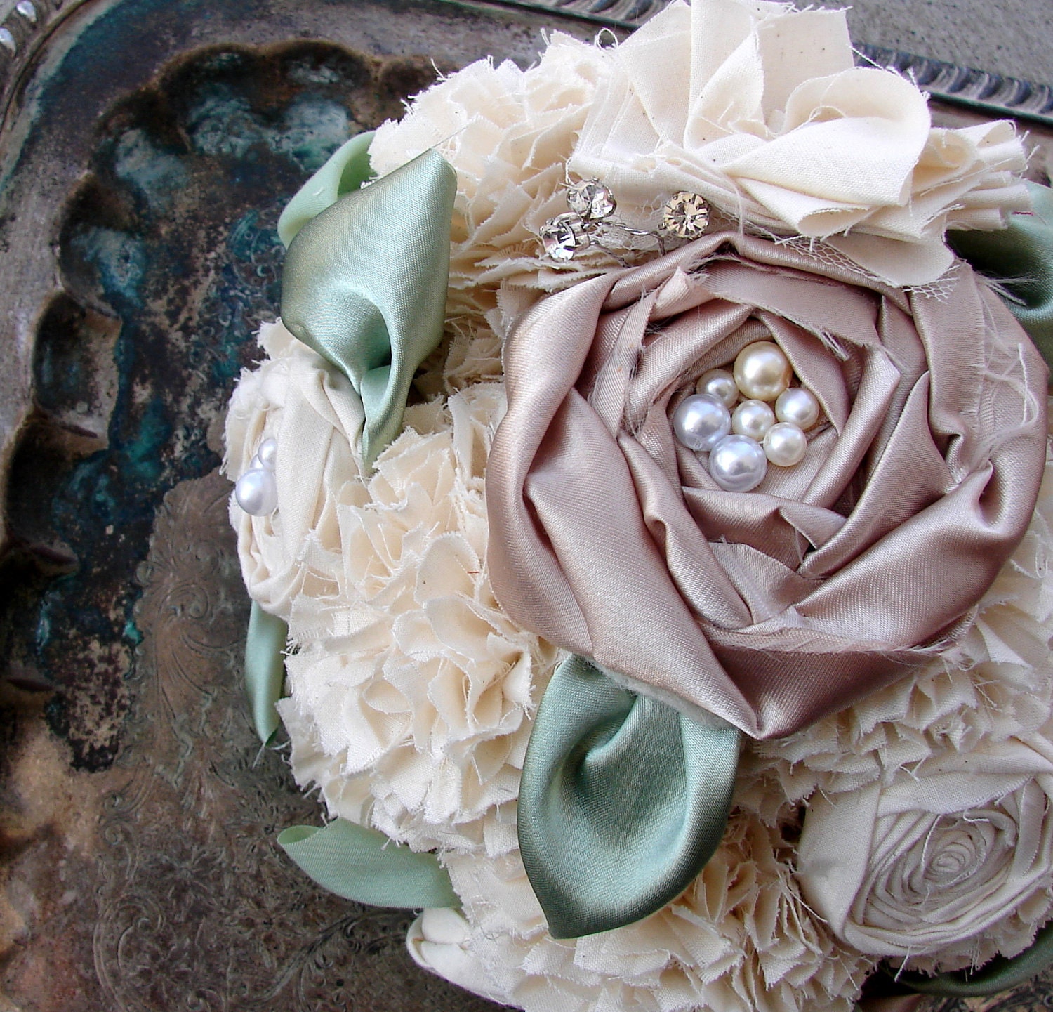 Fabric Flower Bouquet - Weddings, Wedding Flower Bouquet - Vintage Weddings, Fabric Bouquet with Rhinestones Wedding Accessory