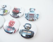 6 Robot Fridge Magnets / 1 inch / science geekery fun white yellow red black 1197