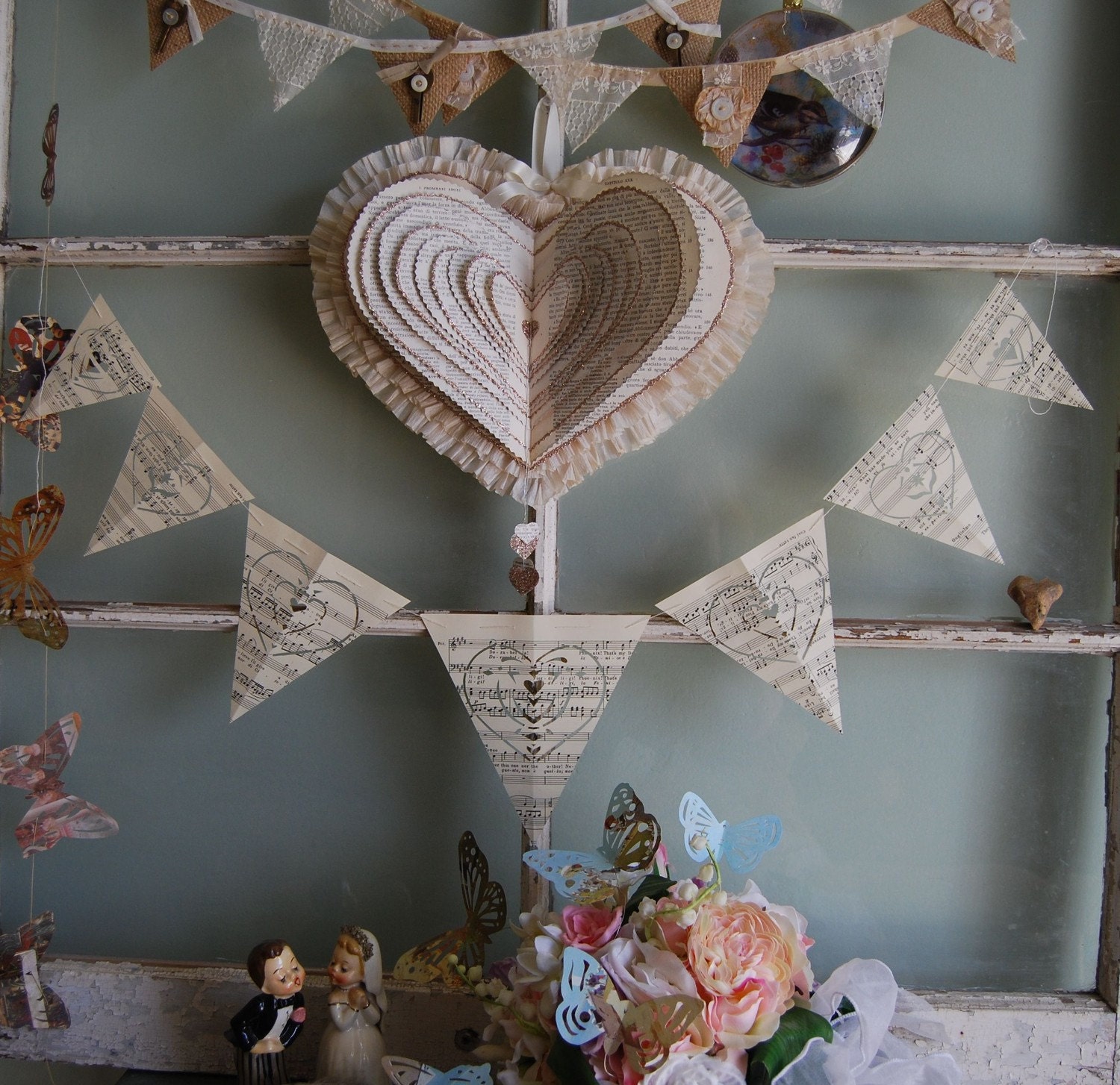 Hearts That Beat as One- Vintage 1950 French Music Book Cottage Shabby Chic Wedding Banner