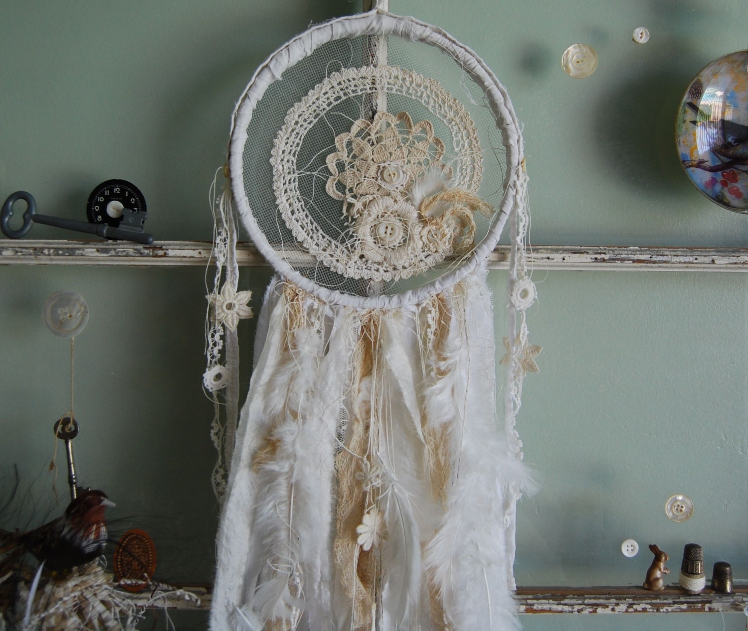 Sweet Dreams - Abandoned Vintage Bits of Fabric and Lace Dreamcatcher