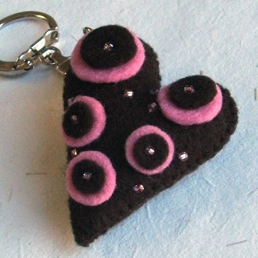 Heart Keychain / Bag Charm - Brown and Pink felt with shiny beads