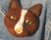 Custom Order a Fiber Sculpture Cat Portrait - Brown and White Needle Felt Animal Pin