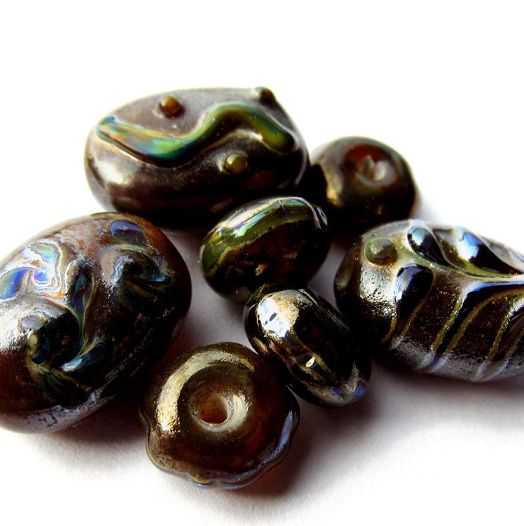 Lampwork Beads metallic dk bronze blue green Free Combined US Shipping SRA