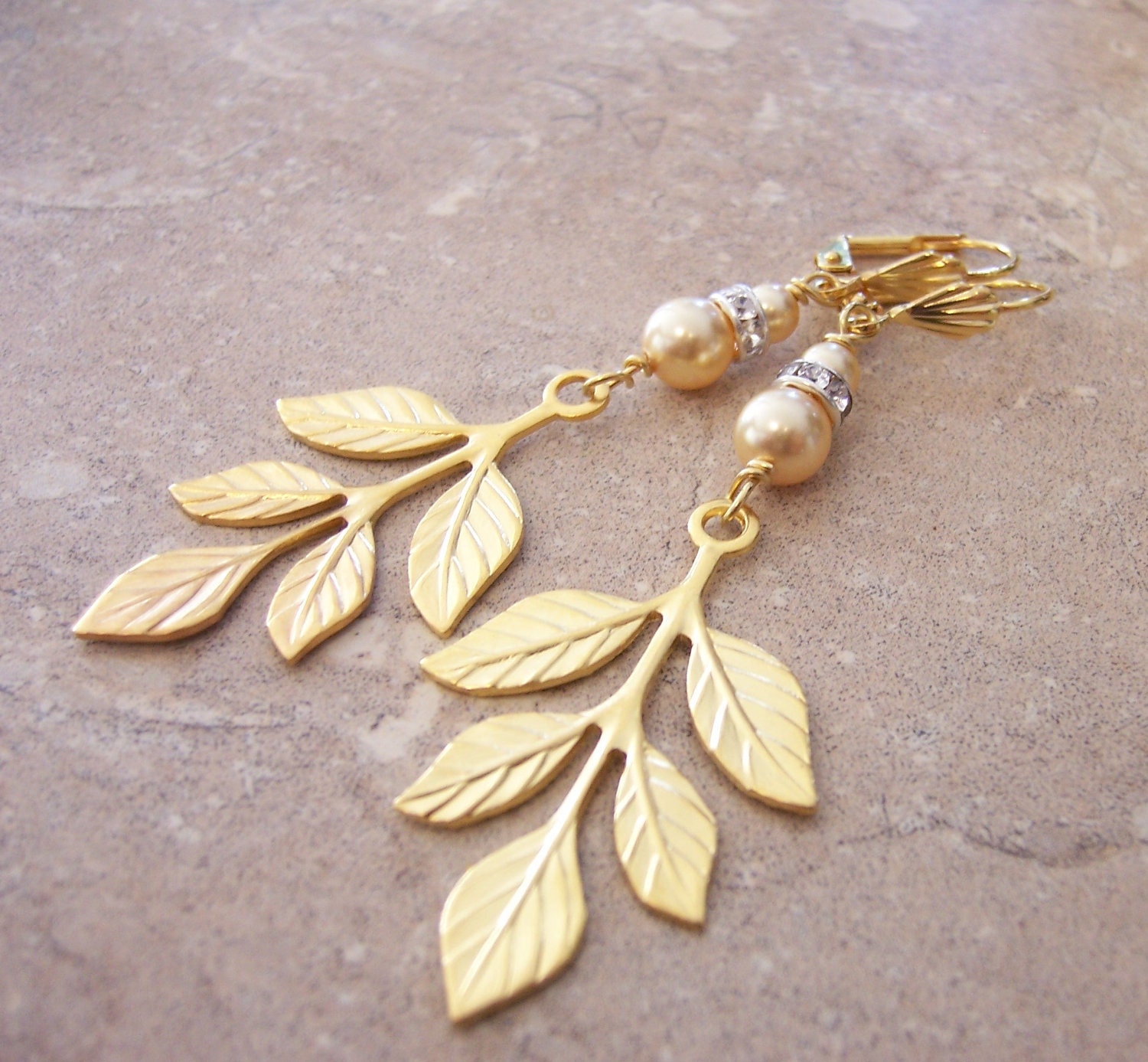 Golden Leaf Earrings with Swarovski Pearls and Crystals