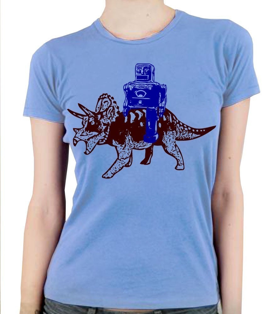 Robot Rides Triceratops Funny Science Geek Dinosaur Light Blue Women's T-Shirt in S, M, L, XL