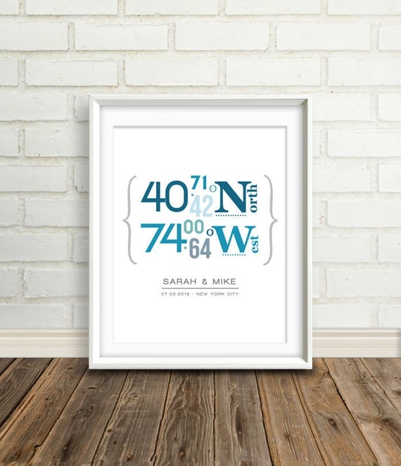 Personalized Latitude and Longitude Coordinates : Custom Location Wedding Print - 8x10 / Housewarming Gift - Bridal Shower