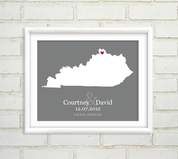 Personalized Wedding Gift : Custom Wedding Location and State Map Print - 8x10 / Kentucky - Any State or Country Available - Gift for Her