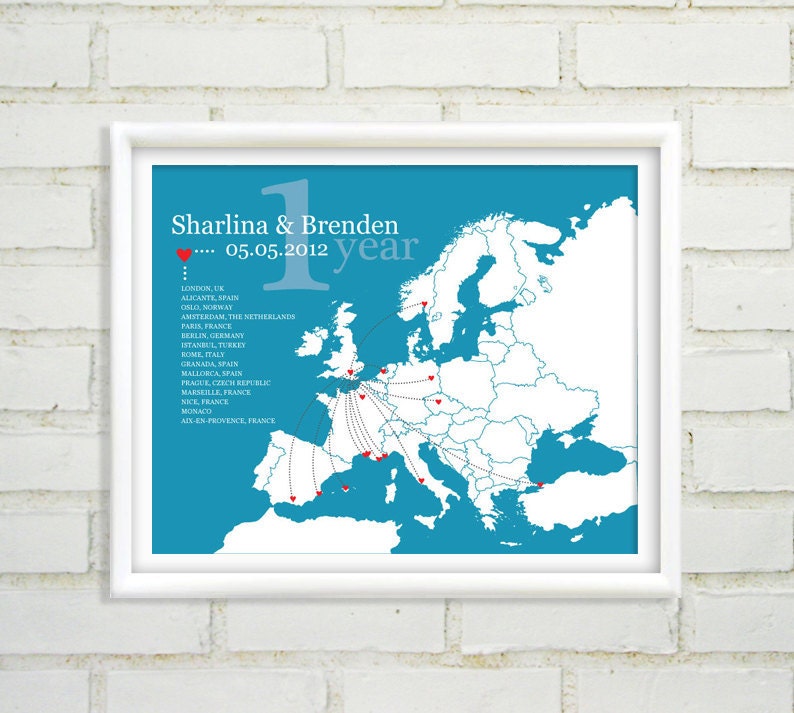 Unique Anniversary European Map Art Print : Personalized Relationship History Map - 8x10 Keepsake - Euro Map