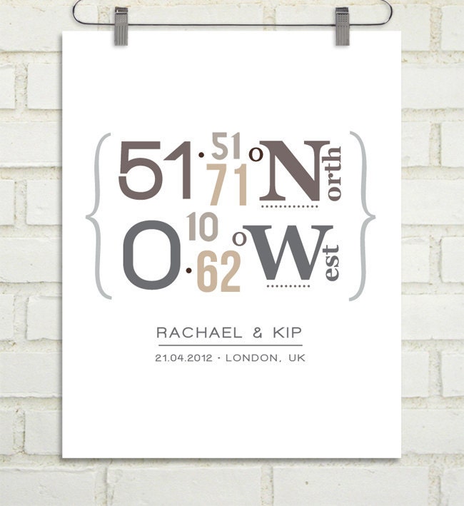 Personalized Latitude and Longitude Coordinates : Custom Location Wedding Print - 8x10 / Housewarming Gift - Bridal Shower