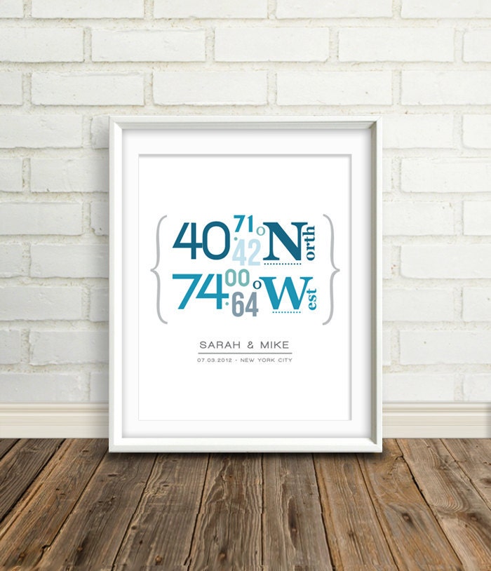 Personalized Latitude and Longitude Coordinates : Custom Location Wedding Print - 8x10 / Housewarming Gift - Bridal Shower