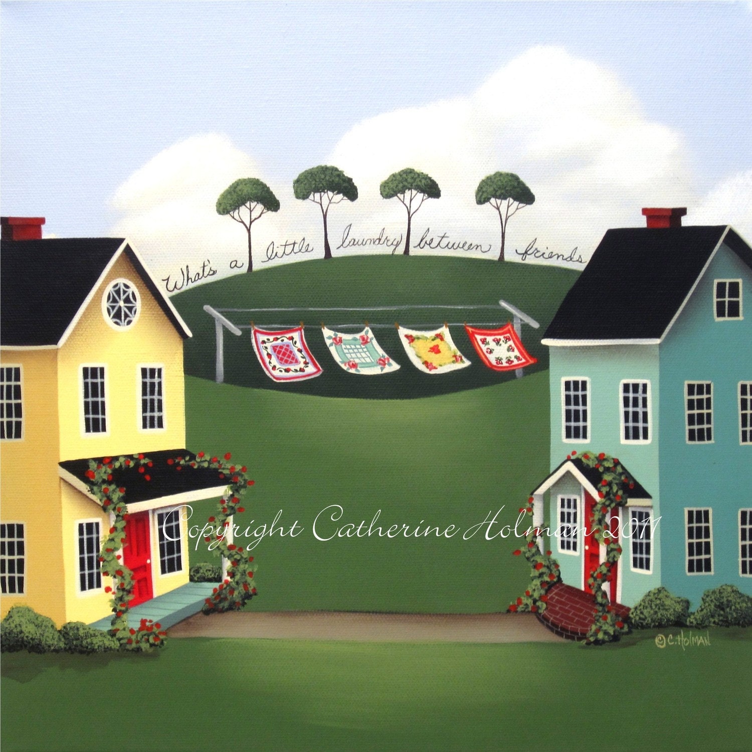 Folk Art Print Laundy Between Friends
