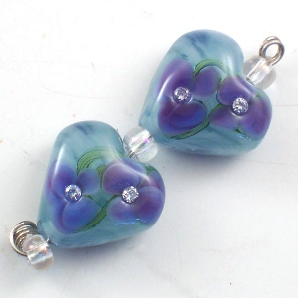 Handmade Lampwork Beads Sparkling Icy Violets Hearts set 2 earring Pair