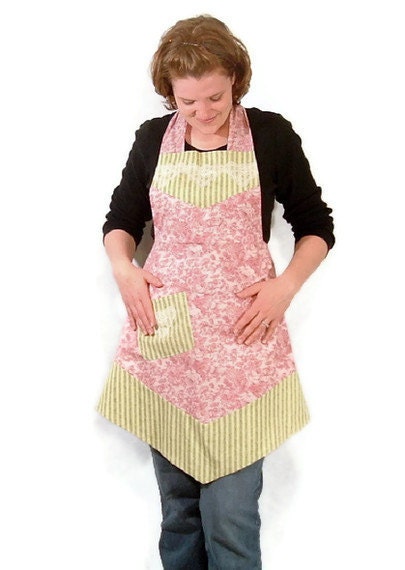 Womens Full Apron Roses and Stripes Pink and Green
