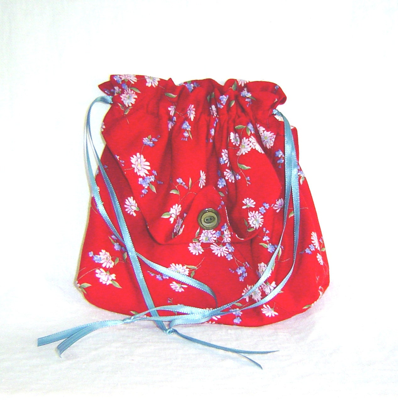 Drawstring bag daily tote handbag upcycled rayon red with pink and blue flowers - AccessoriesByKelli