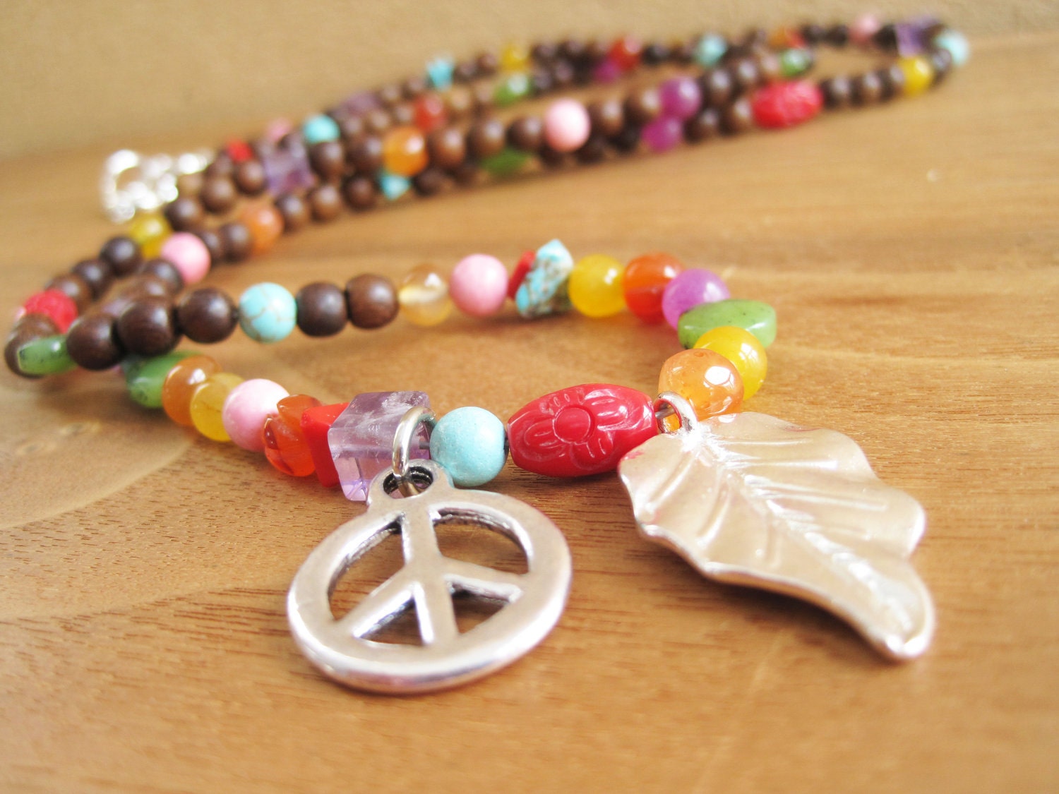 Long Rainbow Charm Necklace - Bright Colourful Jewelry - Peace Leaf - Funky - Purple Turquoise Pink Yellow Green Orange - Silver