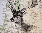 Deer Head on Vintage Map Portland Oregon - 5 x 7