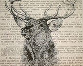 Deer Print on Vintage Russian Book Page - 5 x 7 Deer Head Print