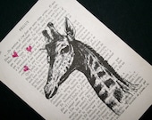 Giraffe Print - Vintage French Book Page Print - 5 x 7 Loverboy Giraffe Art - Giraffe with Love Hearts
