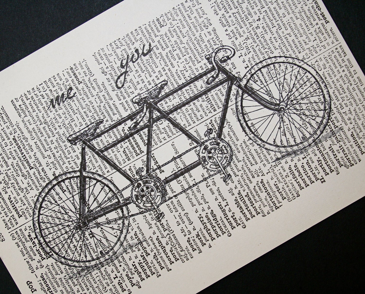 Tandem Bike Print on Vintage Latin Dictionary Page - 5 x7 Romantic Me and You Tandem Bicycle Print - Bike Art