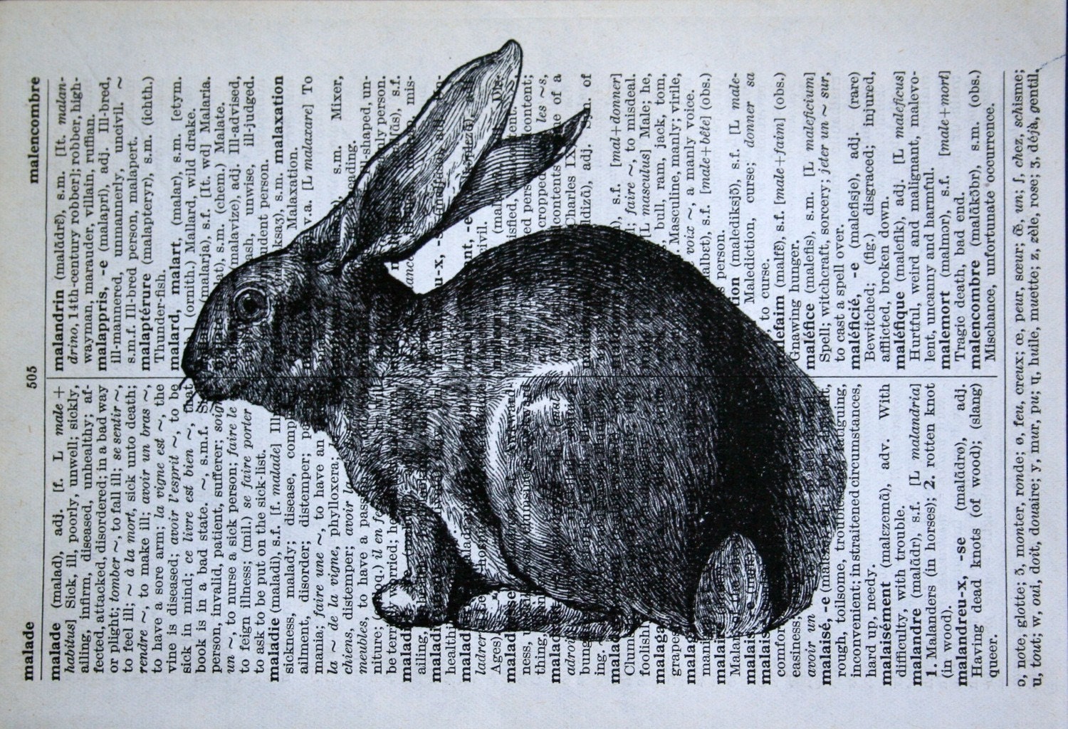 Rabbit Print on Vintage French Dictionary - 5 x 7 Bunny Print for Easter