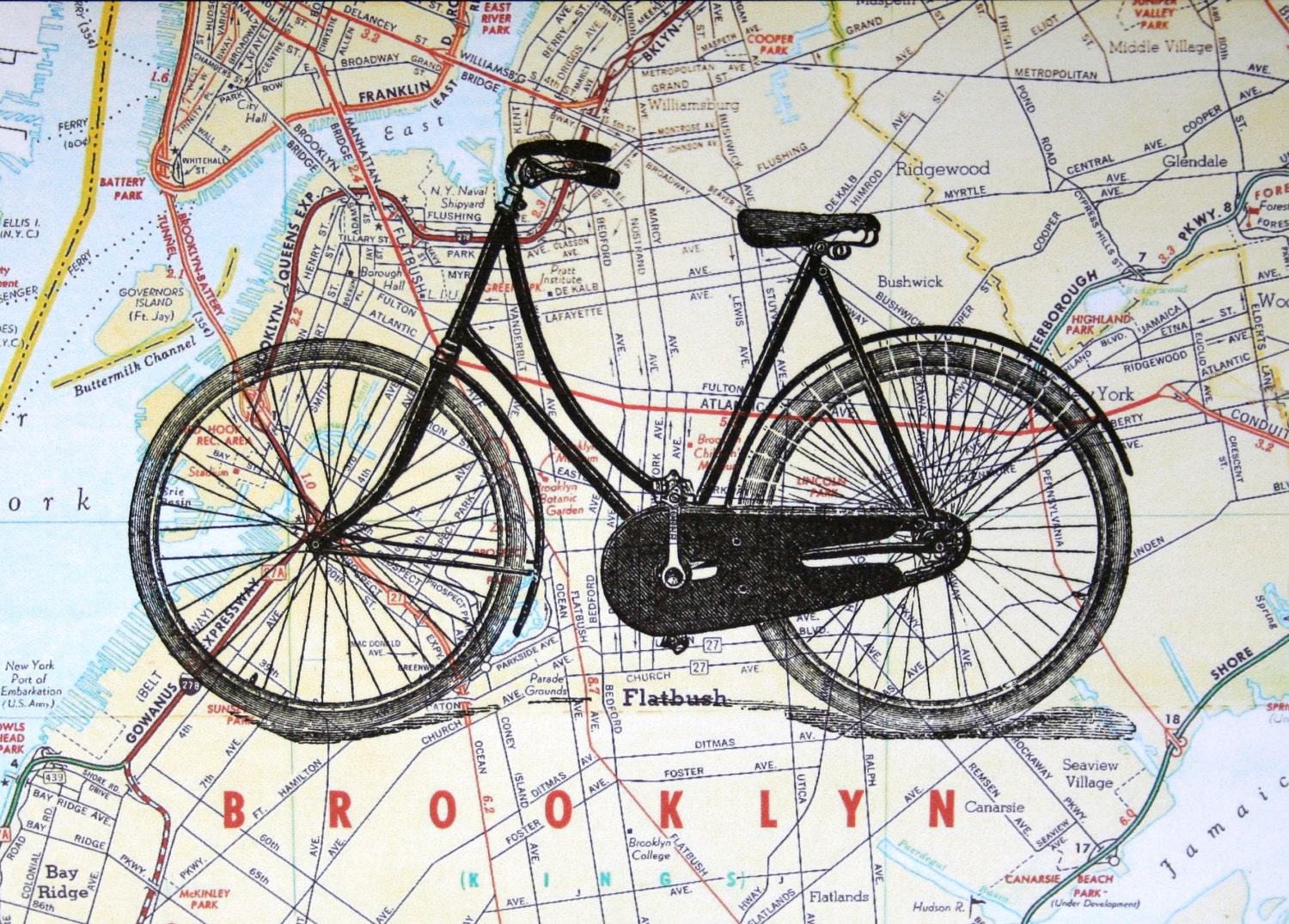 Bicycle Print on Brooklyn Street Map - 5 x 7 Biking Through Brooklyn