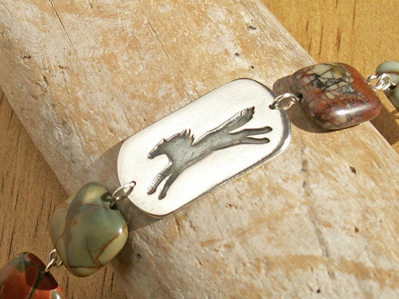 Wild Horse Bracelet western cowgirl rustic earthy jasper with handmade recycled Fine Silver link and Sterling Silver wire
