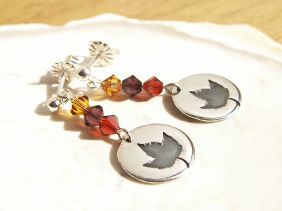 Tiny Maple Leaves Sterling Earrings fall colors recycled Fine Silver disc unique autumn design swarovski crystal sterling posts